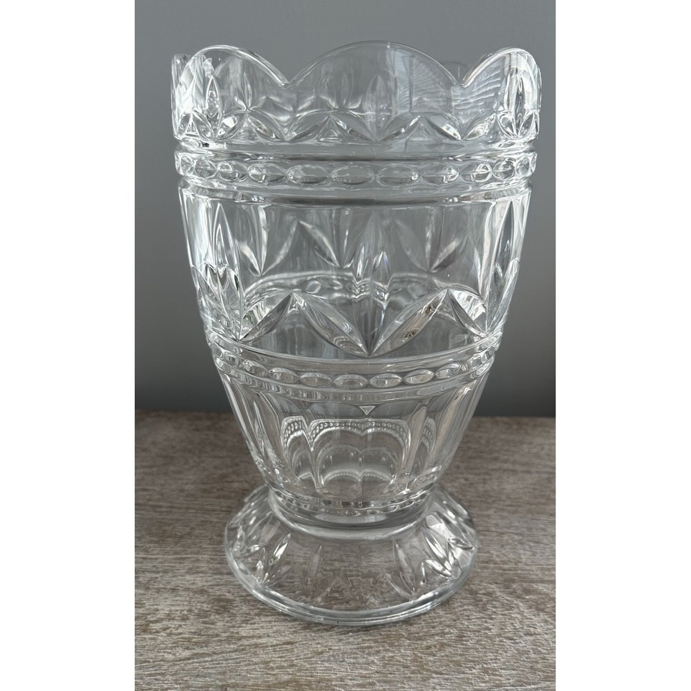 Large Crystal Vase Leaded Hand Etched Scalloped Large 10" H x 6" W Flowers Decor